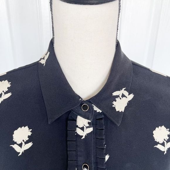 Kate Spade 100% Silk Size 0 Black White Contrast Floral Ruffled Belted Dress wit - Picture 4 of 11